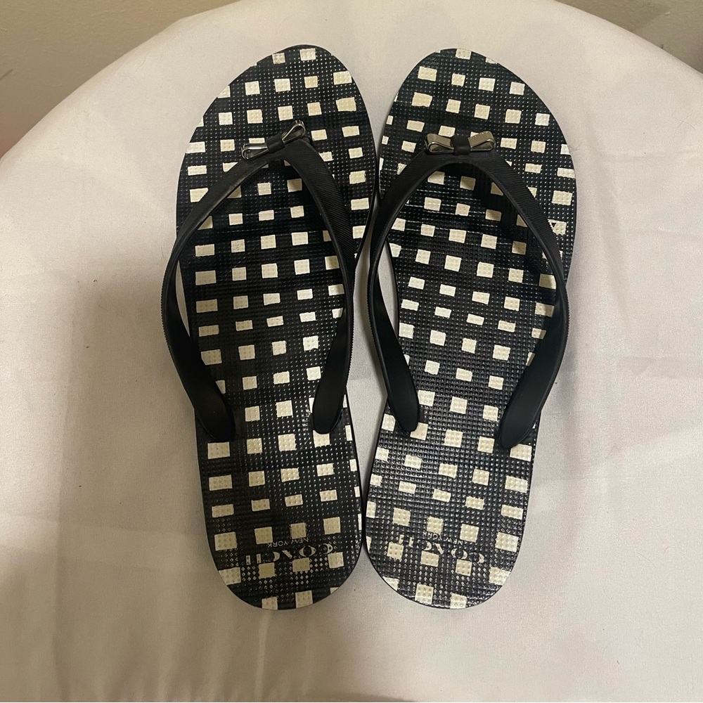 Coach Black & White Gingham Flip Flop Sandals